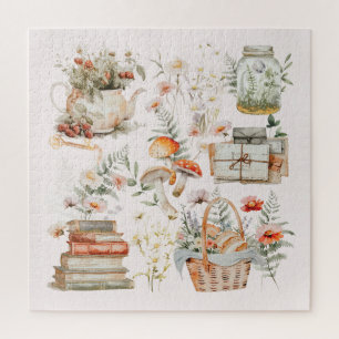 Books Mushroom Floral Whimsical Cottagecore Art Jigsaw Puzzle