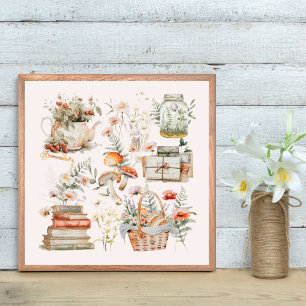 Books Mushroom Floral Whimsical Cottagecore Art Poster