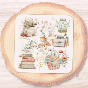 Books Mushroom Floral Whimsical Cottagecore Art Square Sticker