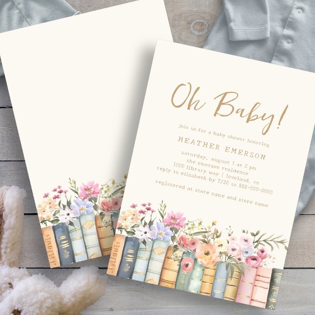 Books Oh Baby Invitation (Floral Books Oh Baby Bridal Shower Invitation by Painted Paperie
)