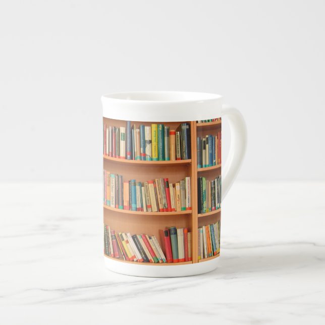 Books on Bookshelf Background Bone China Mug (Front Right)