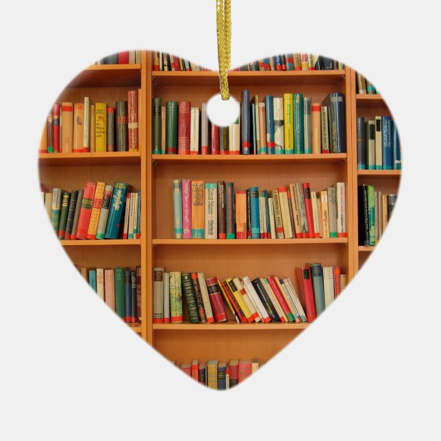 Books on Bookshelf Background Ceramic Tree Decoration (Front)