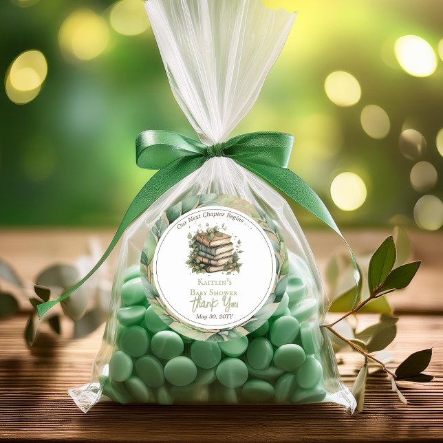 Books Our Next Chapter Baby Shower Thank You Classic Round Sticker (Rustic Vintage Look Elegance "Our Next Chapter Begins . . ." Books Leaves Baby Shower Favor Sticker)