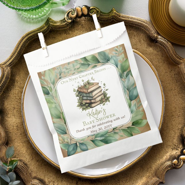 Books Our Next Chapter Begins Baby Shower Favour Bags (Rustic Vintage Look Elegance "Our Next Chapter Begins . . ." Books Leaves Baby Shower Favor Bags)