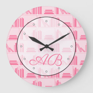 Books Pattern in Pink. Reading Theme with Initials Large Clock