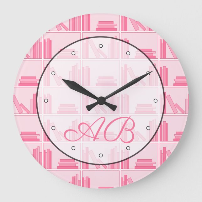 Books Pattern in Pink. Reading Theme with Initials Large Clock (Front)