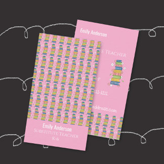 Books Pattern Tutor Pink Vertical Business Card