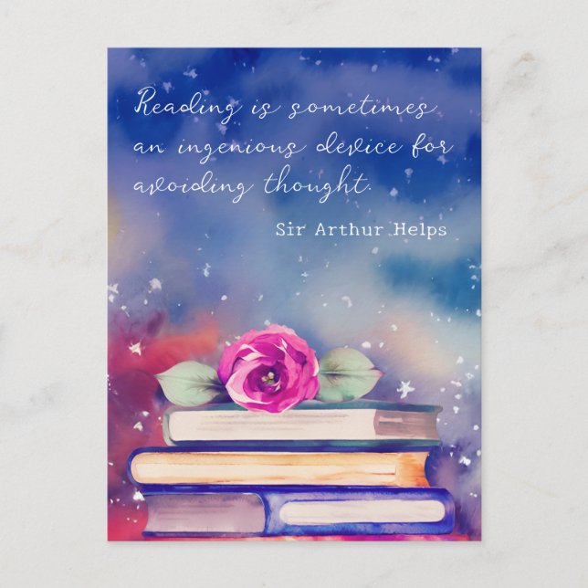  Books & Pink Rose Watercolor Script Reading Quote Postcard (Front)