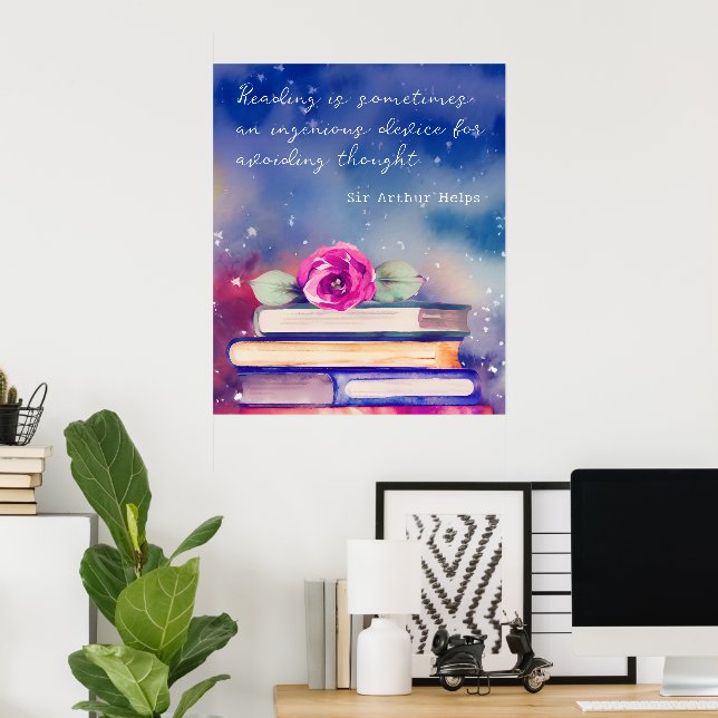  Books & Pink Rose Watercolor Script Reading Quote Poster (Home Office)