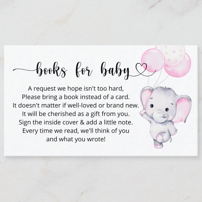 Books Request for Baby Pink Elephant Baby Shower Enclosure Card (Creator Uploaded)