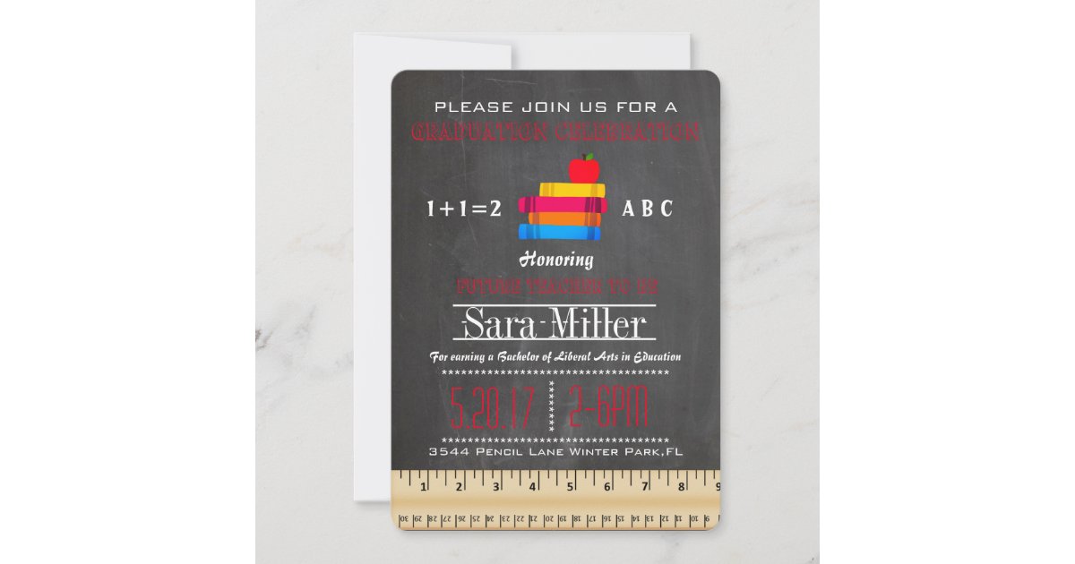 Books & Ruler Teacher Graduation Invitation | Zazzle