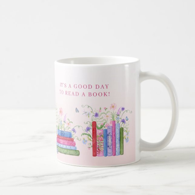 Books Shelf Stacked Good Day Wildflower Floral Coffee Mug (Right)