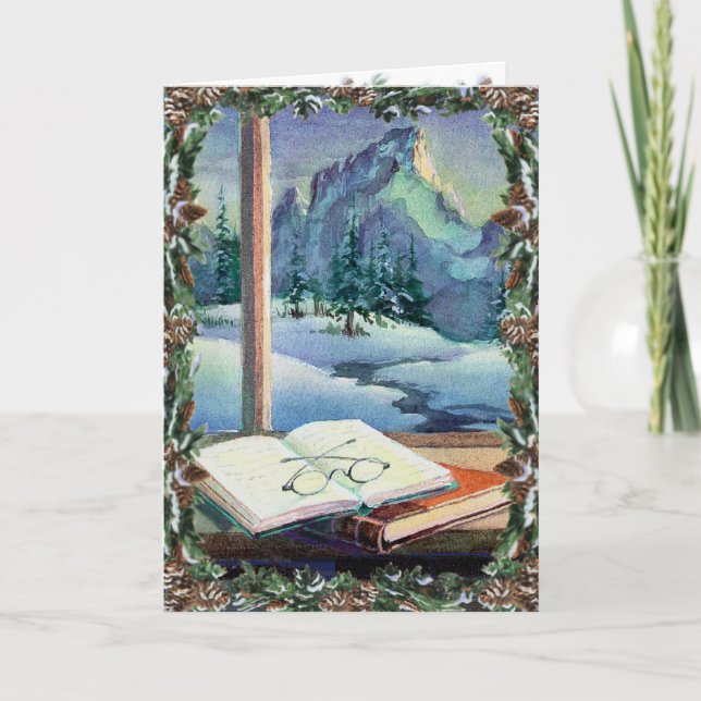 BOOKS, SPECS & WREATH by SHARON SHARPE Holiday Card (Front)