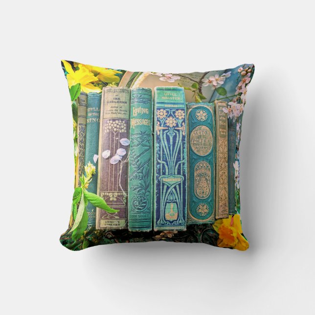 Books Spines and Blossoms (green) Cushion (Front)
