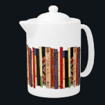 Books Teapot<br><div class="desc">This brilliantly coloured white porcelain teapot features a shelf of colourful books. They form an interesting abstract vertical geometrical pattern in colours of green,  brown,  yellow,  red,  blue,  black and pink.</div>