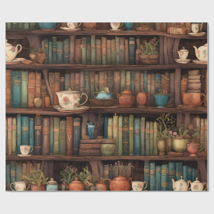 Books, Teapots and Plants on Shelves Wrapping Paper