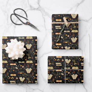 Books & Wildflowers on Black Wrapping Paper Sheet