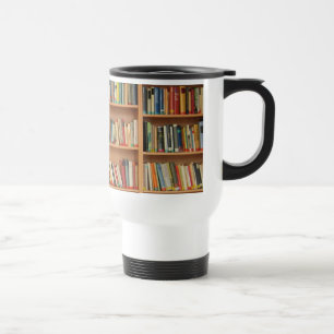 Bookshelf background travel mug