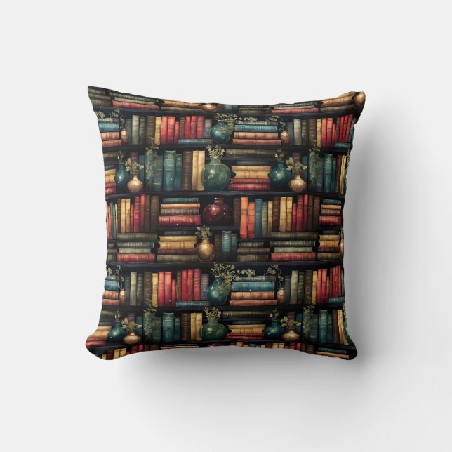 Bookshelf Books Library Bookworm Reading Pattern Cushion (Front)
