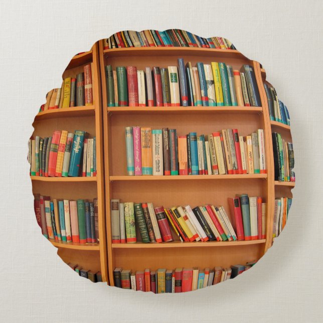 Bookshelf Books Library Bookworm Reading Round Cushion (Front)