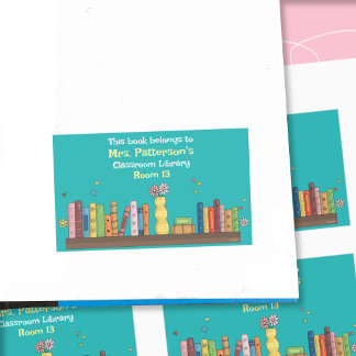 Bookshelf Classroom Library Teal Bookplate Rectangular Sticker