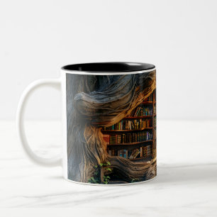 Bookshelf in the Woods 3D style Two-Tone Coffee Mug