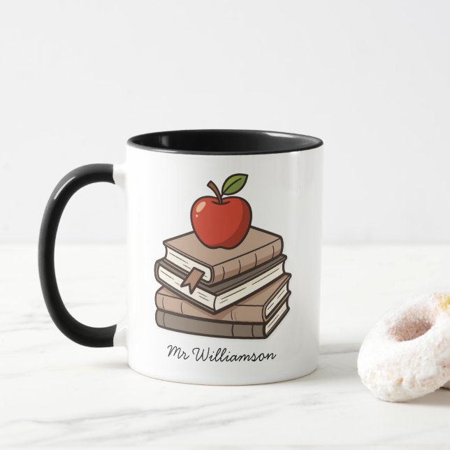 Bookstack and Apple Personalised Teacher Mug (With Donut)