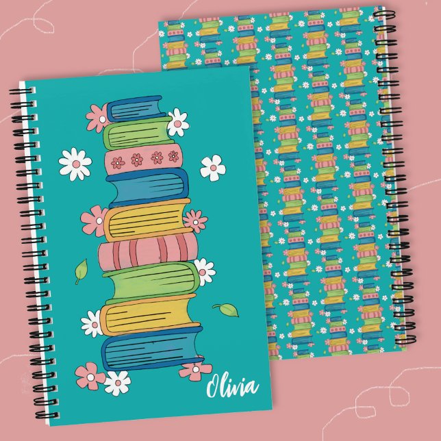 Bookstack and Flowers Kid Teal Spiral Notebook (Books and little flowers spiral notebook .)
