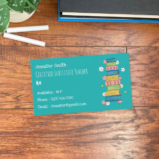 Bookstack Flowers Sub Teacher Teal Business Card