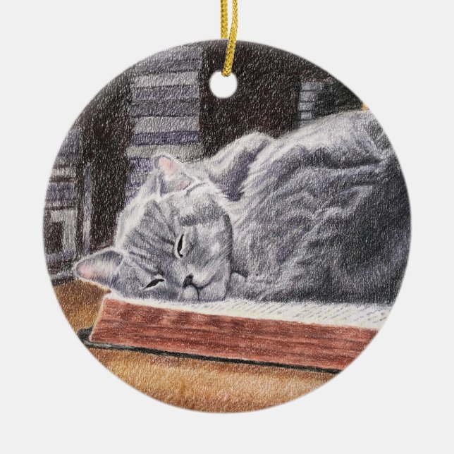 Bookstore Cat Ceramic Tree Decoration (Front)
