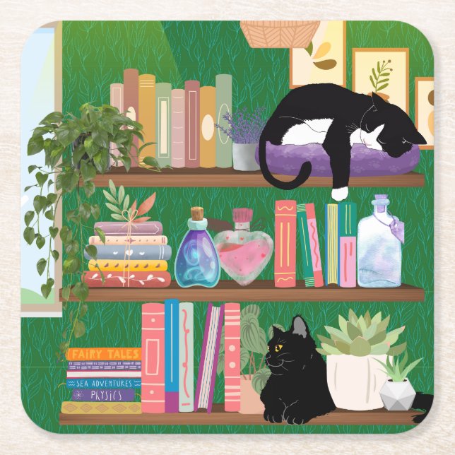 Bookstore cats square paper coaster (Front)