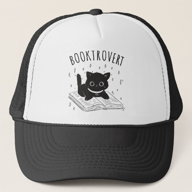 Booktrovert cat with book and stars trucker hat (Front)