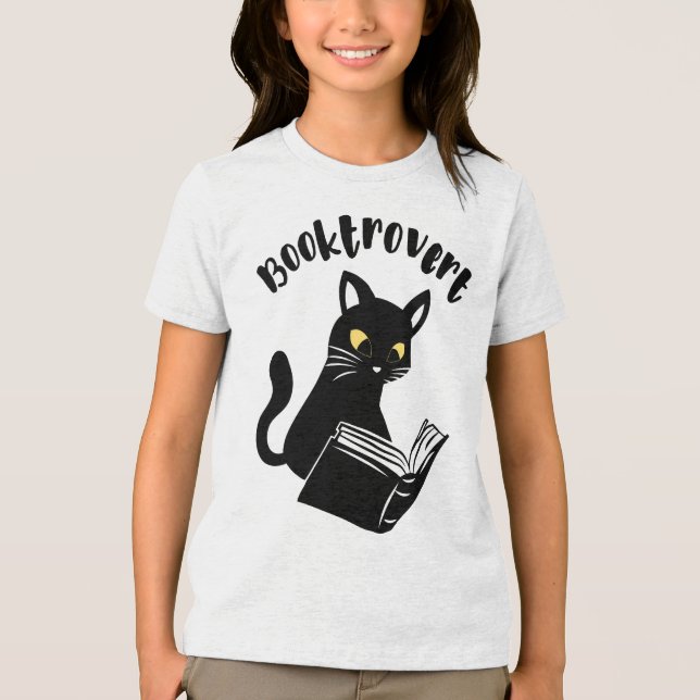 Booktrovert cat with book Tri-Blend shirt (Front)