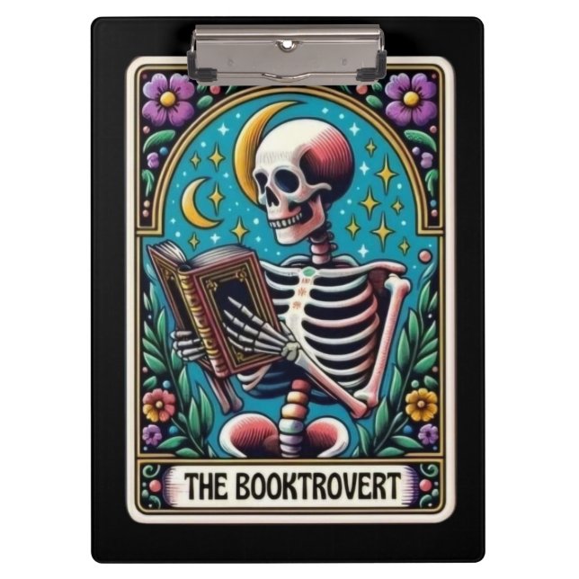 Booktrovert Tarot Card | Skeleton Reading Book Clipboard (Front)