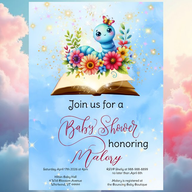 Bookworm Baby Magical Watercolor Baby Shower Invitation (Floral Bookworm Baby Shower)