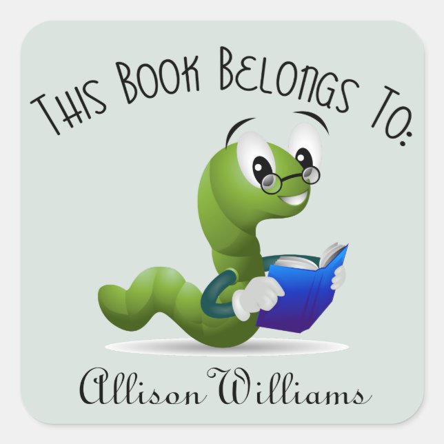 Bookworm Book Plate with Custom Name Square Sticker (Front)
