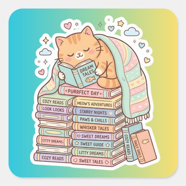 Bookworm Cat Cosy Reading Cat Square Sticker (Front)