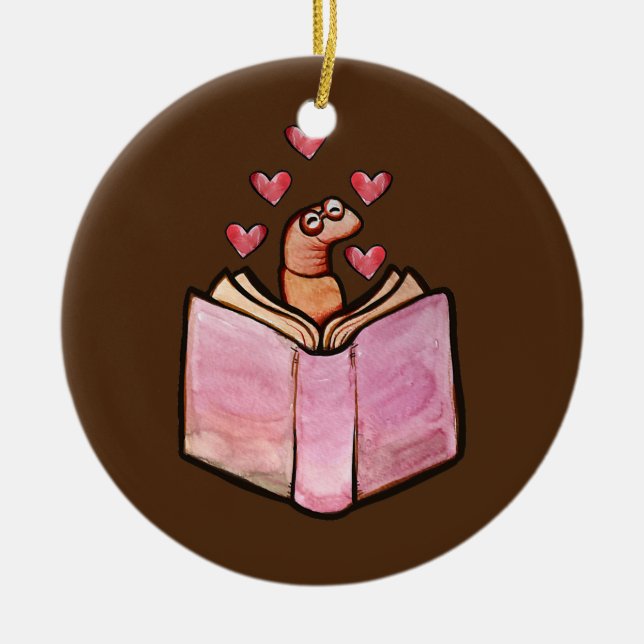 Bookworm Cute Bookish reader artwork  Ceramic Tree Decoration (Front)