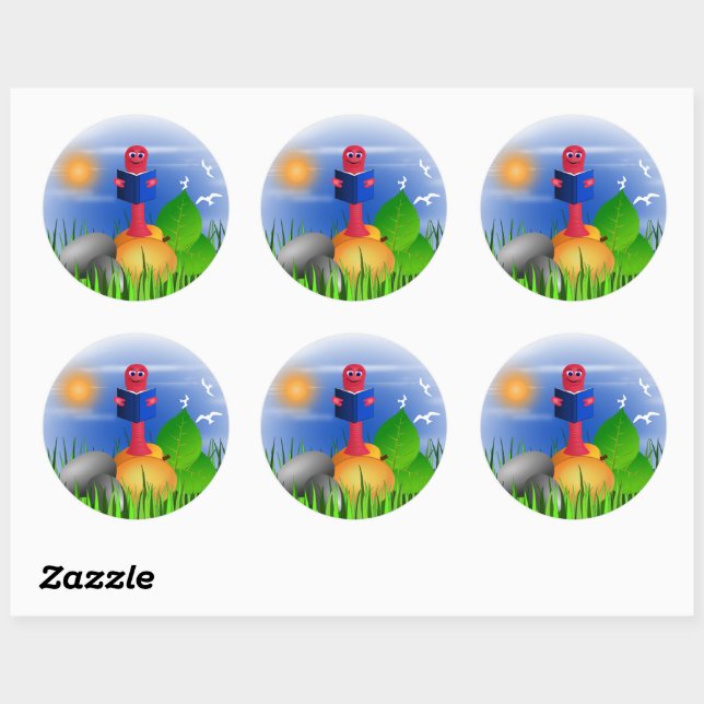 Bookworm Cute Fun Kid's School Round Stickers (Sheet)