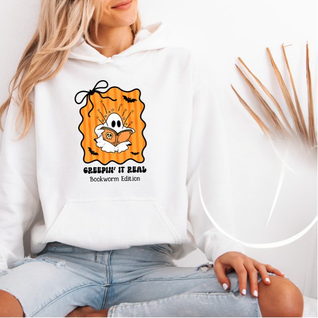 Bookworm Ghost Reading Retro Bow Creepin’ It Real Hoodie (Creator Uploaded)