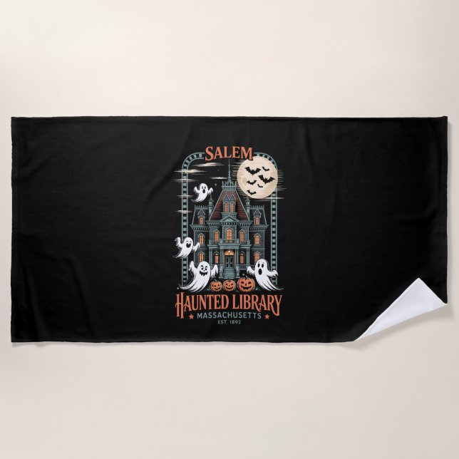 Bookworm Halloween Shirt Haunted Library Beach Towel (Front)