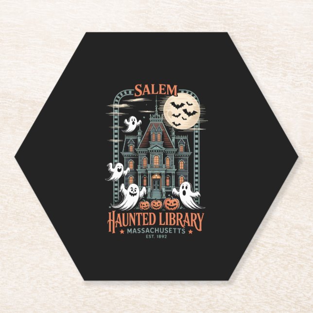 Bookworm Halloween Shirt Haunted Library Paper Coaster (Front)