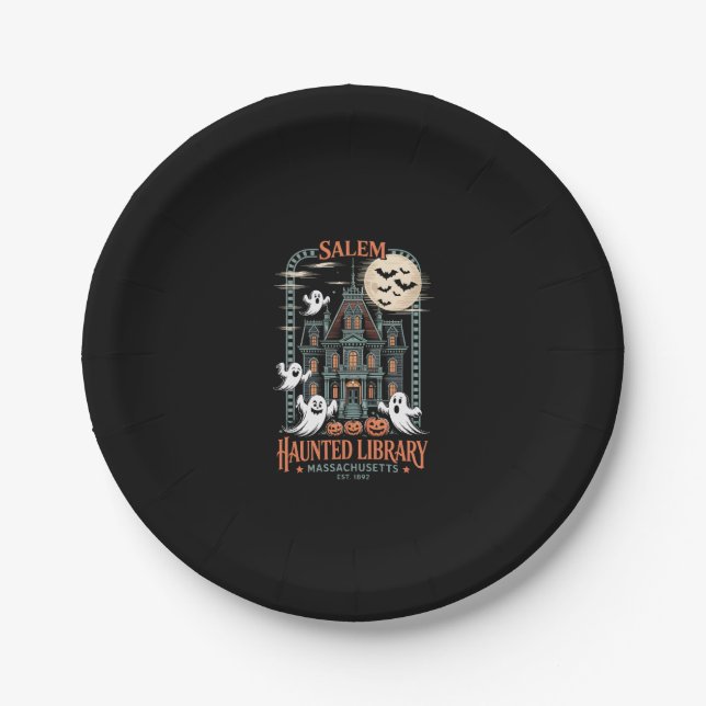 Bookworm Halloween Shirt Haunted Library Paper Plate (Front)