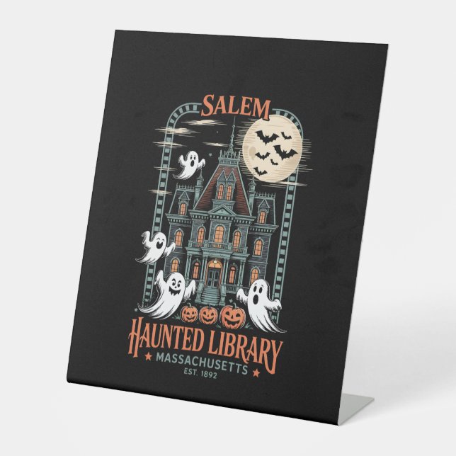 Bookworm Halloween Shirt Haunted Library Pedestal Sign (Front)