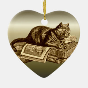 Bookworm Kitty Cat Reading Books Ceramic Tree Decoration