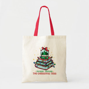 Bookworm Reading Around the Christmas Tree Tote Bag