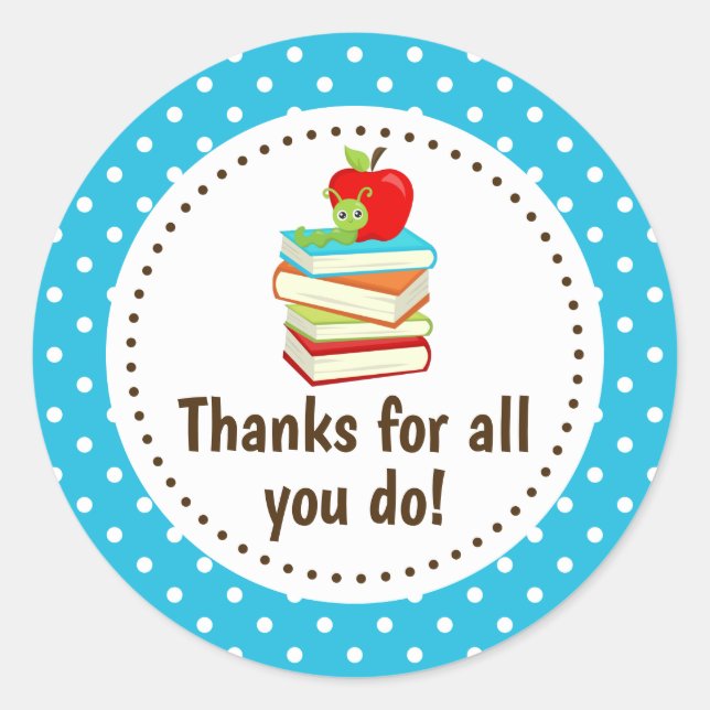 Bookworm Thank You Teacher Appreciation Blue Spots Classic Round Sticker (Front)