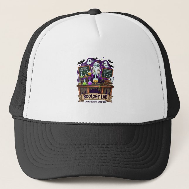 Boology Lab Spooky Science Ghost Scientist Potions Trucker Hat (Front)