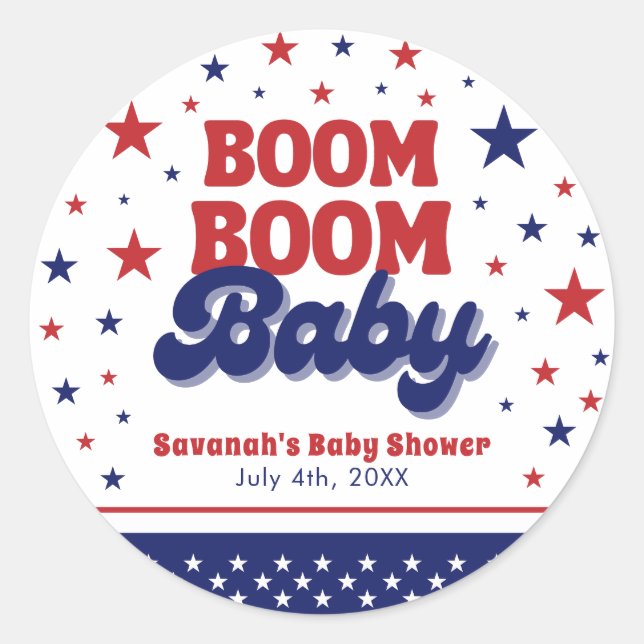 Boom Boom Baby 4th July Patriotic Baby Shower  Classic Round Sticker (Front)