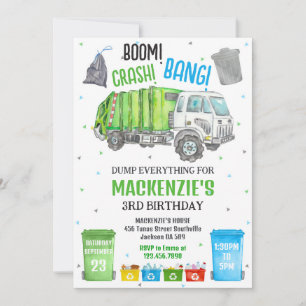 Boom Crash Bang Garbage Truck Boy Birthday Party Invitation